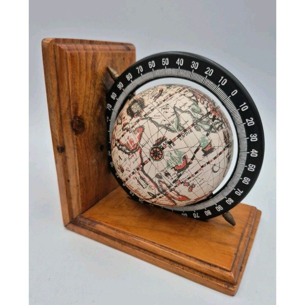 Vintage Old World Spinning Globe Wooden Book Ends Mismatch Missing Globe
